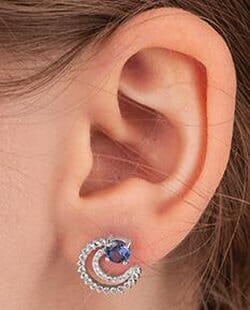 White Gold Created Blue Sapphire, Diamond Stud Earrings.0.12 Total Diamond Weight.