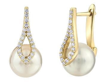 Yellow Gold Pearl, Diamond Huggie Earrings.