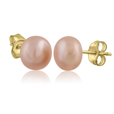 Yellow Gold Cultured Freshwater Pink Pearl Stud Earrings.8.0 - 8.5mm Pearls.