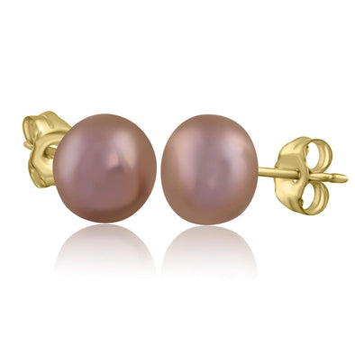Yellow Gold Cultured Freshwater Purple Pearl Stud Earrings.6.0 - 6.5mm Pearls.