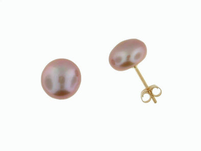 Yellow Gold Cultured Freshwater Purple Pearl Stud Earrings.8.0 - 8.5mm Pearls.