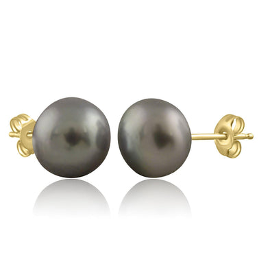 Yellow Gold Cultured Freshwater Grey Pearl Stud Earrings.6.0 - 6.5mm Pearls.