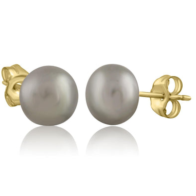 Yellow Gold Cultured Freshwater Grey Pearl Stud Earrings.8.0 - 8.5mm Pearls.