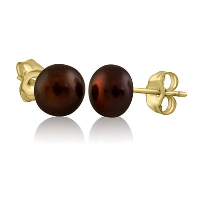 Yellow Gold Cultured Freshwater Copper Pearl Stud Earrings.6.0 - 6.5mm Pearls.