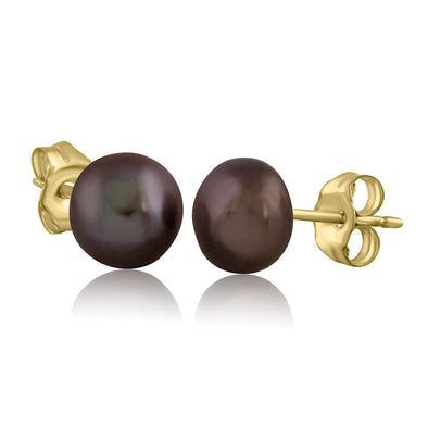 Yellow Gold Cultured Freshwater Black Pearl Stud Earrings.6.0 - 6.5mm Pearls.