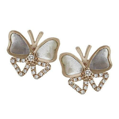 Rose Gold Mother of Pearl, Diamond Butterfly Stud Earrings