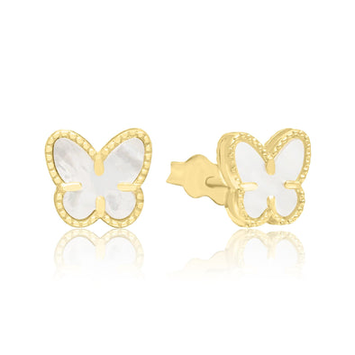 Yellow Gold Mother of Pearl Butterfly Stud Earrings.