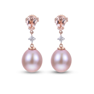 Rose Gold Fresh Water Pearl, Morganite, Diamond Stud Earrings