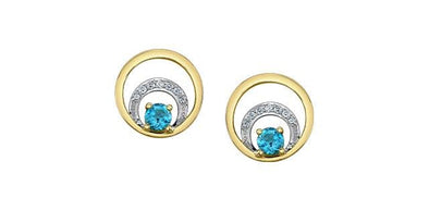 Yellow Gold Blue Topaz, Diamond Circle Stud Earrings