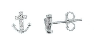 White Gold Cubic Zirconia Stud Earrings Cross Anchor
