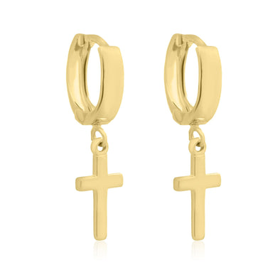 Yellow Gold Cross Drop Huggie Earrings.