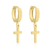 Yellow Gold Cross Drop Huggie Earrings.