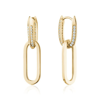 Yellow Gold Cubic Zirconia Paperclip Huggie Earrings.