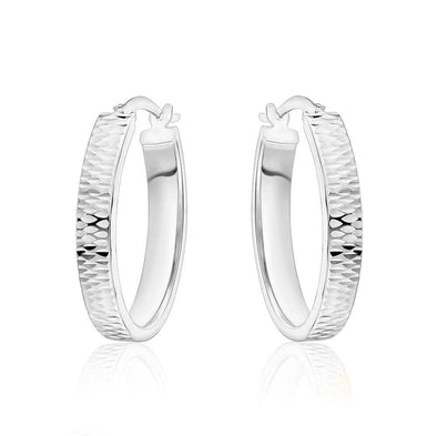 White Gold Diamond Cut Flat Tube Hoop Earrings.