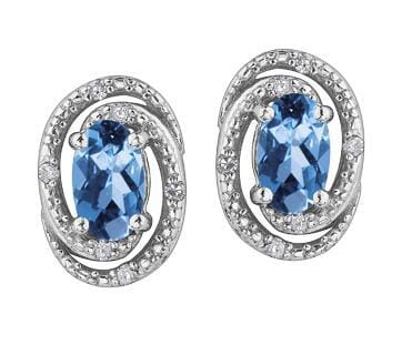 Sterling Silver Blue Topaz, Diamond Stud Earrings.