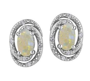 Sterling Silver Opal, Diamond Stud Earrings.