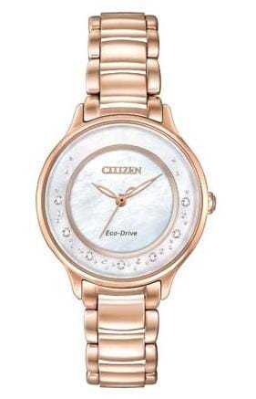 Citizen Ladies Rose Gold Tone, Stainless Steel Bracelet Diamond Dial, Mother of Pearl Dial Eco-Drive Watch -