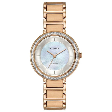 Citizen Ladies Rose Gold Tone Swarovski Crystal, Mother of Pearl Dial Eco-Drive Watch -