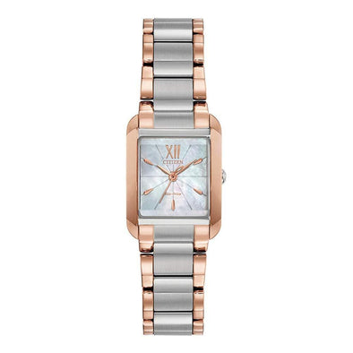 Citizen Ladies Silver Tone, Rose Gold Tone Sapphire Crystal, 50m 5ATM Water Resistant, Mother of Pearl Dial Eco-Drive Watch -