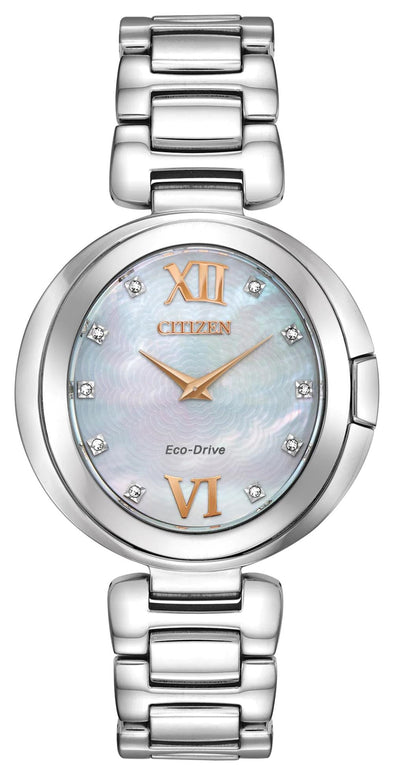 Citizen Ladies Silver Tone Swarovski Crystal, Sapphire Crystal, 50m 5ATM Water Resistant, Mother of Pearl Dial Eco-Drive Watch -