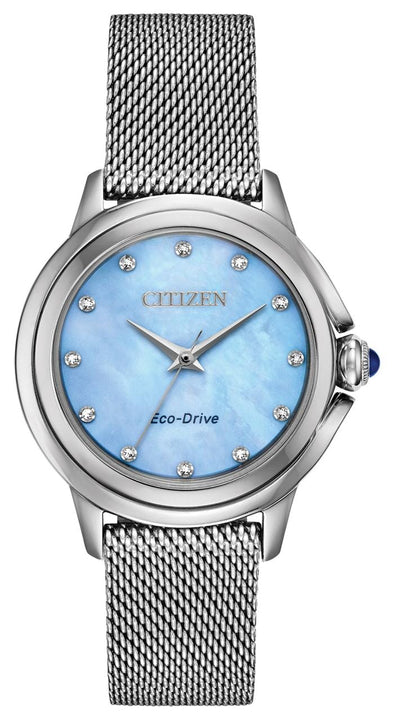 Citizen Ladies Silver Tone, Mesh Band Diamond Dial, Sapphire Crystal, 50m 5ATM Water Resistant, Mother of Pearl Dial Eco-Drive Watch -