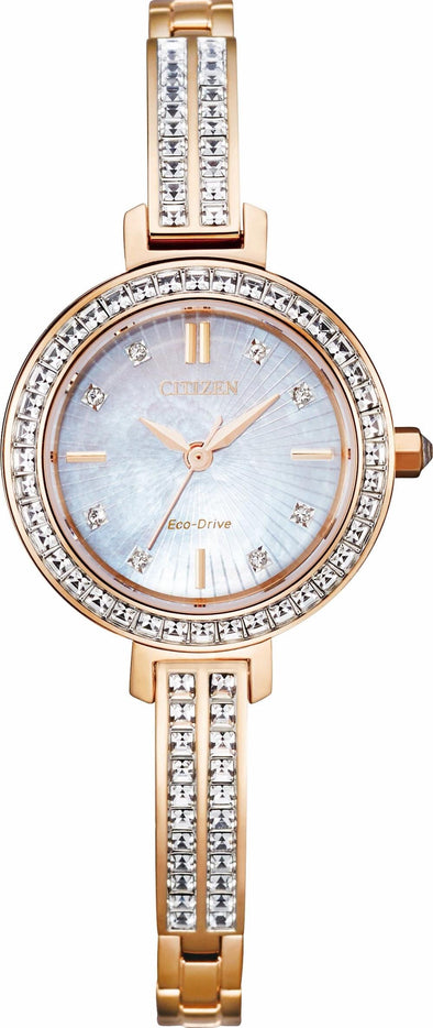 Citizen Ladies Rose Gold Tone, Stainless Steel Bracelet Swarovski Crystal, Mother of Pearl Dial Eco-Drive Watch -
