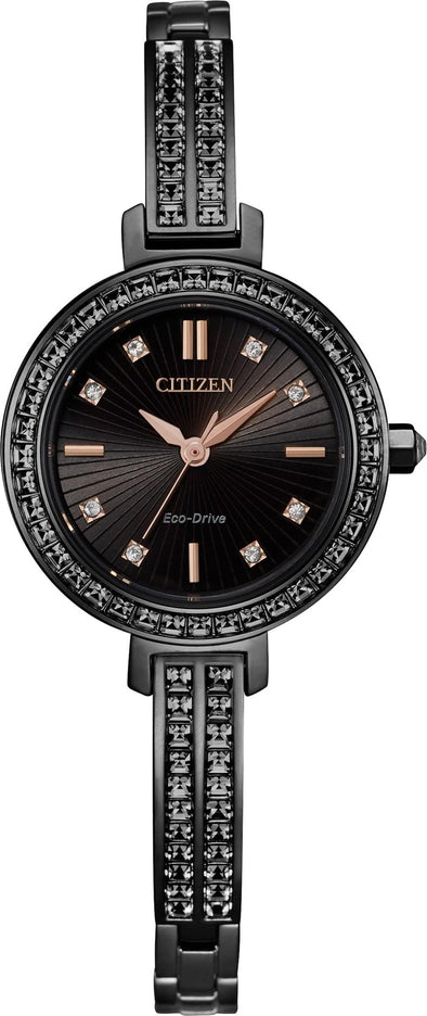 Citizen Ladies Black, Stainless Steel Bracelet Swarovski Crystal Eco-Drive Watch -