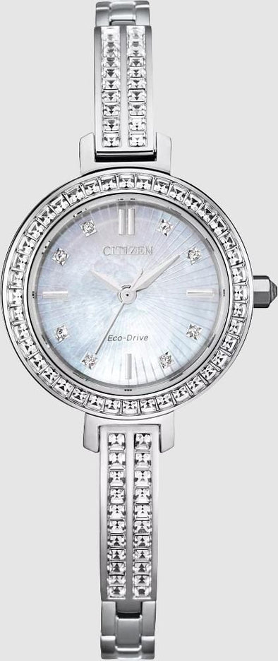 Citizen Ladies Silver Tone, Stainless Steel Bracelet Swarovski Crystal, Mother of Pearl Dial Eco-Drive Watch -
