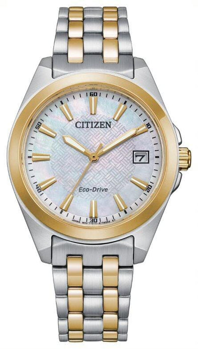 Citizen Ladies Two Tone, Stainless Steel Bracelet Date Only, Sapphire Crystal, 100m 10ATM Water Resistant, Mother of Pearl Dial Eco-Drive Watch -