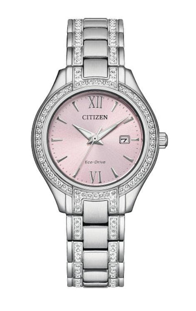 Citizen Ladies Silver Tone, Stainless Steel Bracelet Swarovski Crystal, Date Only, 50m 5ATM Water Resistant Eco-Drive Watch -