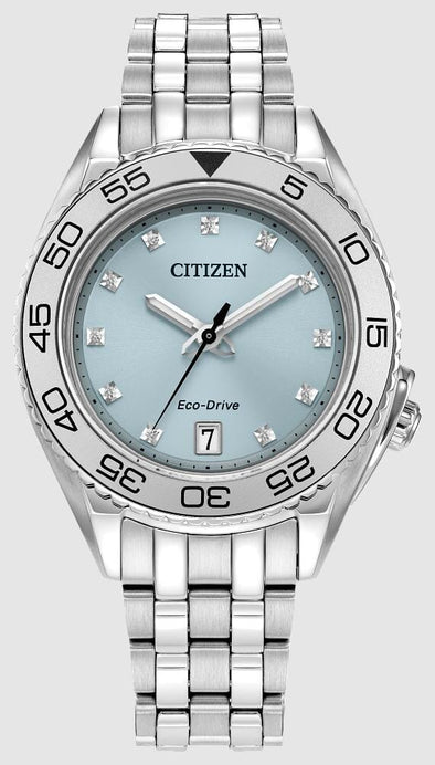 Citizen Ladies Stainless Steel Bracelet Diamond Dial, Date Only, 100m 10ATM Water Resistant Eco-Drive Watch -