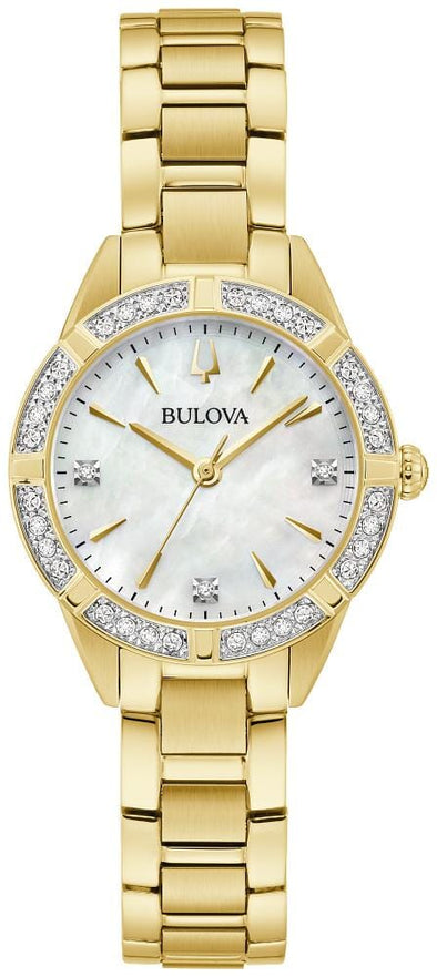 Bulova Ladies Gold Tone, Stainless Steel Bracelet Diamond Dial, Sapphire Crystal, Mother of Pearl Dial Quartz Watch -