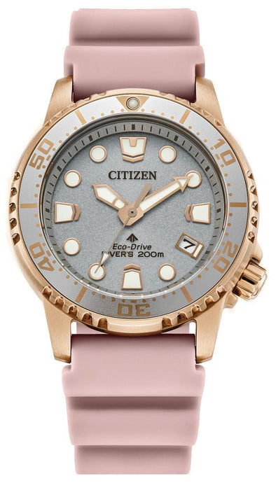 Citizen Ladies Rose Gold Tone, Rubber Strap Date Only, 200m 20ATM Water Resistant Eco-Drive Watch -