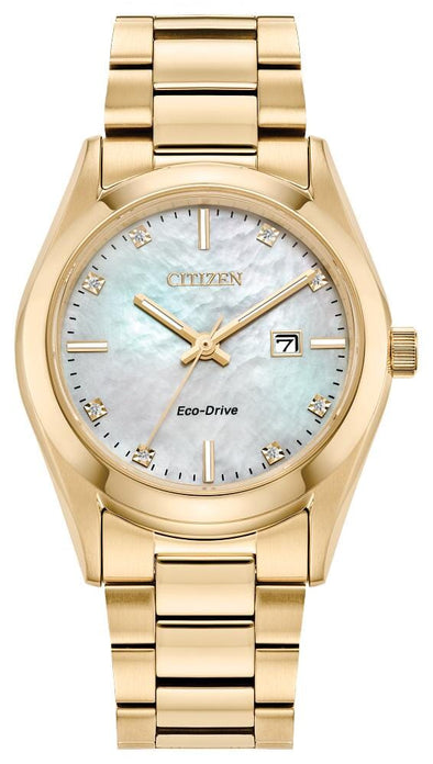 Citizen Ladies Gold Tone, Stainless Steel Bracelet Diamond Dial, Date Only, Sapphire Crystal, 100m 10ATM Water Resistant Eco-Drive Watch -
