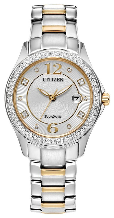 Citizen Ladies Two Tone, Stainless Steel Bracelet Swarovski Crystal, Date Only, 50m 5ATM Water Resistant Eco-Drive Watch -