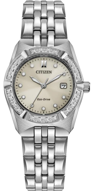 Citizen Ladies Silver Tone, Stainless Steel Bracelet Date Only, 100m 10ATM Water Resistant Eco-Drive Watch -