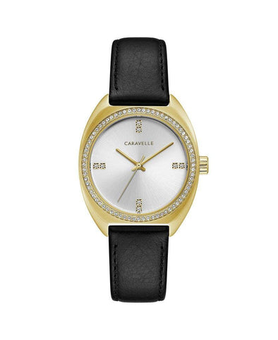 Caravelle New York Ladies Gold Tone, Black, Leather Strap Swarovski Crystal, 30m 3ATM Water Resistant Quartz Watch -