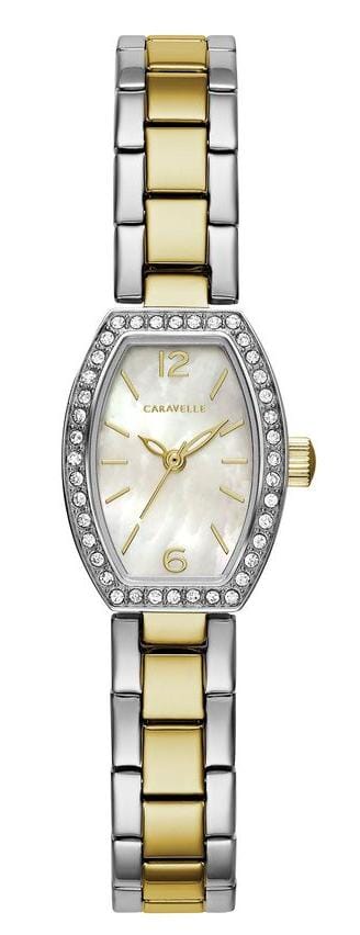 Caravelle Ladies Two Tone Swarovski Crystal, Mother of Pearl Dial Quartz Watch -