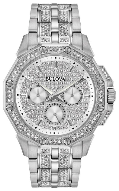 Bulova Gents Silver Tone, Stainless Steel Bracelet Day & Date, 30m 3ATM Water Resistant, 24 Hour Dial Quartz Watch -