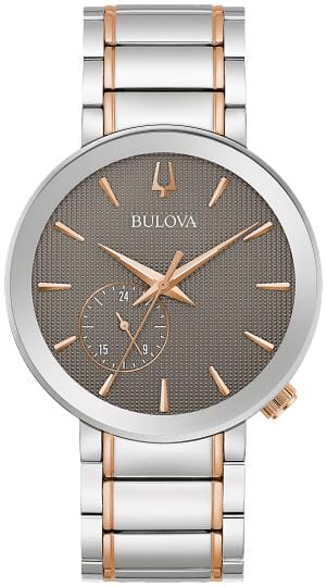 Bulova Gents Silver Tone, Rose Gold Tone, Stainless Steel Bracelet Sapphire Crystal, 30m 3ATM Water Resistant, 24 Hour Dial Quartz Watch -