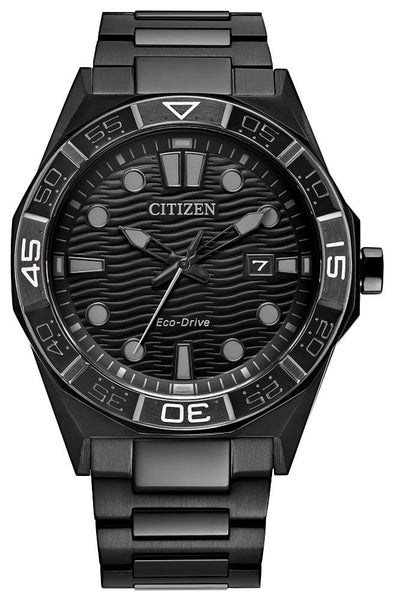 Citizen Gents Black Date Only, Sapphire Crystal, 100m 10ATM Water Resistant Eco-Drive Watch -