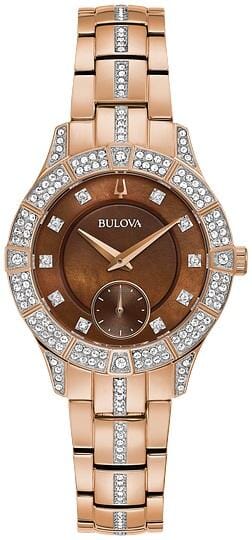 Bulova Ladies Rose Gold Tone, Stainless Steel Bracelet Swarovski Crystal, 30m 3ATM Water Resistant Quartz Watch -