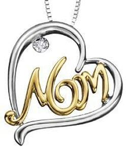 Sterling Silver 10K Yellow Gold Accent Diamond "Mom" Heart Pendant Necklace.