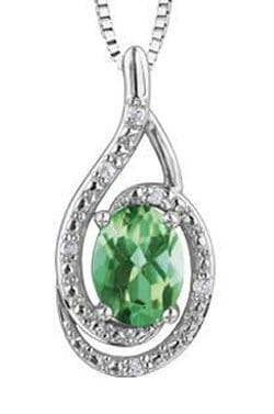 Sterling Silver Emerald, Diamond Pendant Necklace.
