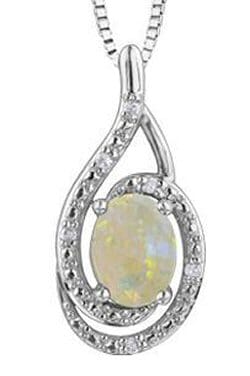 Sterling Silver Opal, Diamond Pendant Necklace.