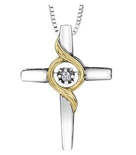 Sterling Silver, Yellow Gold Diamond Cross Pulse Pendant Necklace.