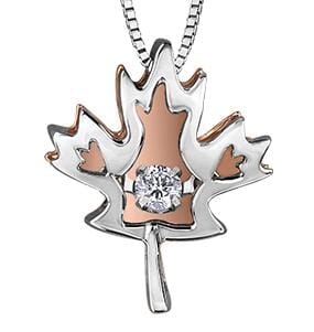 Sterling Silver, Rose Gold Canadian Diamond Maple Leaf Pulse Pendant Necklace.