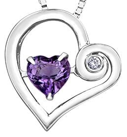 Sterling Silver Amethyst, Diamond Heart Pulse Pendant Necklace.