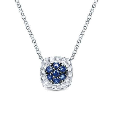 Sterling Silver Blue Sapphire Hammered Pave Pendant Necklace.