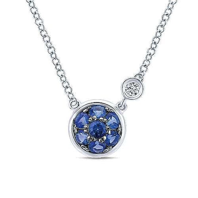 Sterling Silver Blue Sapphire Cluster with Side Bezel Diamond Pendant Necklace.